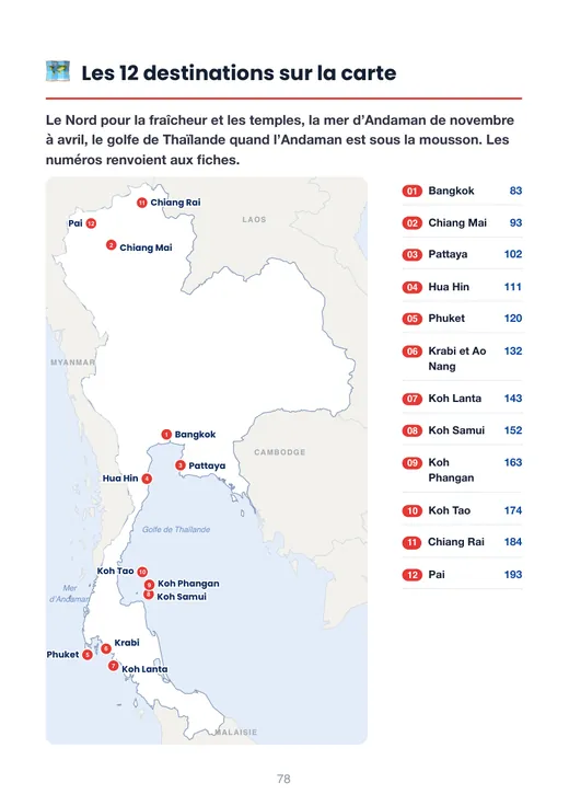 Carte de la Thaïlande avec les 12 destinations du guide