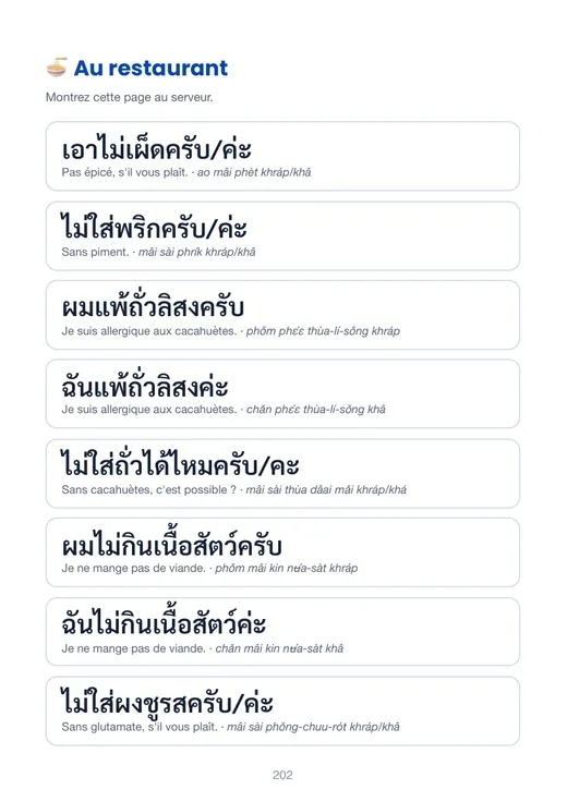 Fiche à montrer au restaurant, en grands caractères thaïs