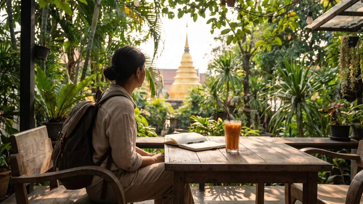 Un voyageur étudie dans un café de Chiang Mai, un temple en arrière-plan