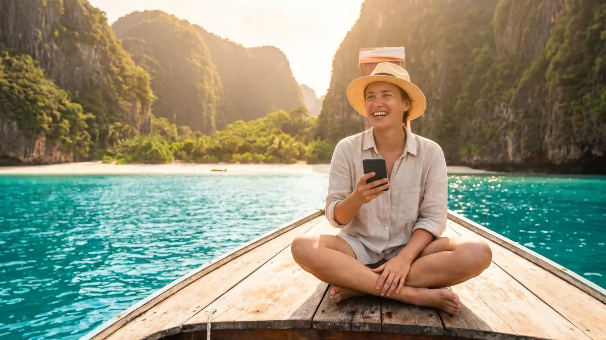 Une voyageuse dans un bateau à longue queue près des falaises de Krabi