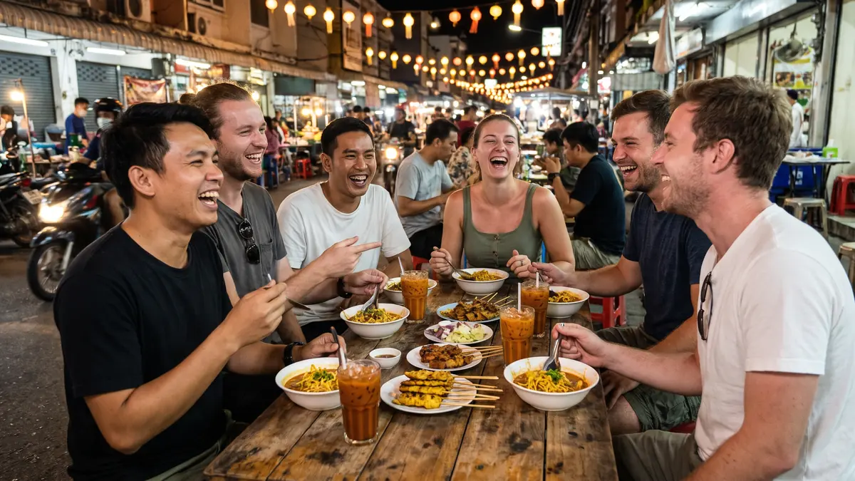 Des amis thaïlandais et français partagent un repas sur un marché de nuit