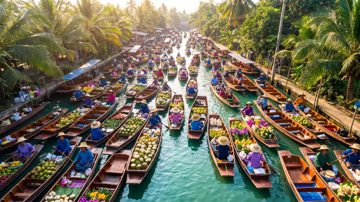 Barques chargées de fruits sur le marché flottant de Damnoen Saduak