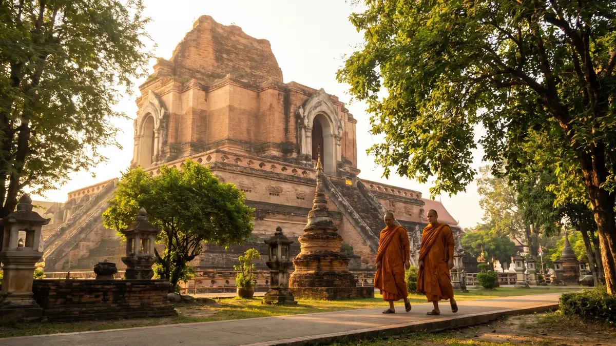 Le grand chedi de Wat Chedi Luang à Chiang Mai, des moines en robe safran au premier plan