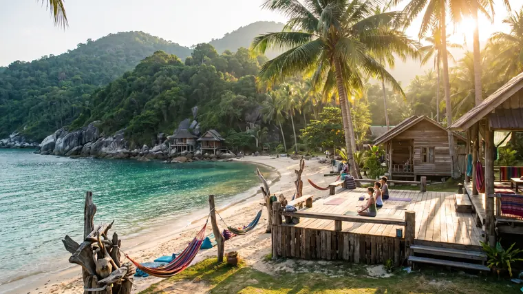 Une baie isolée de Koh Phangan, jungle et bungalows en bois