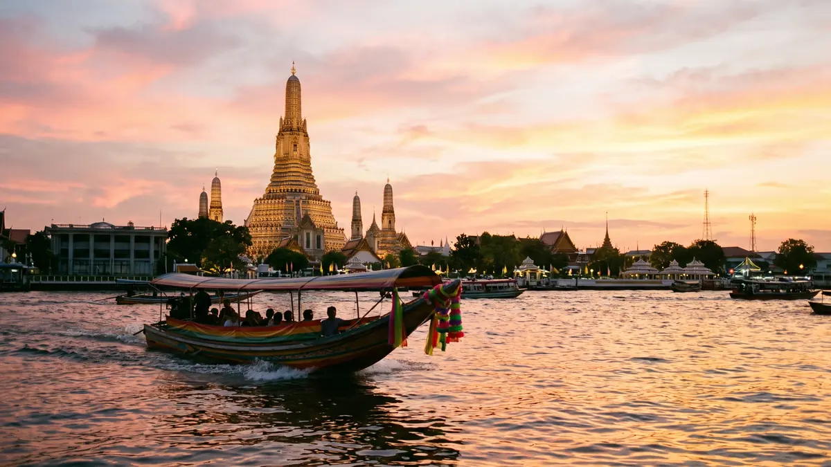 Le temple Wat Arun au coucher du soleil, vu depuis le fleuve Chao Phraya
