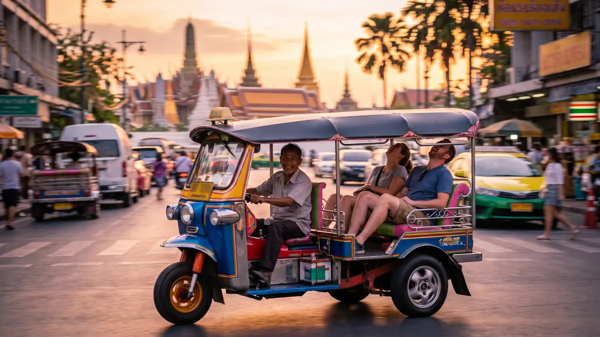 Un tuk-tuk et ses passagers dans une rue de Bangkok au coucher du soleil