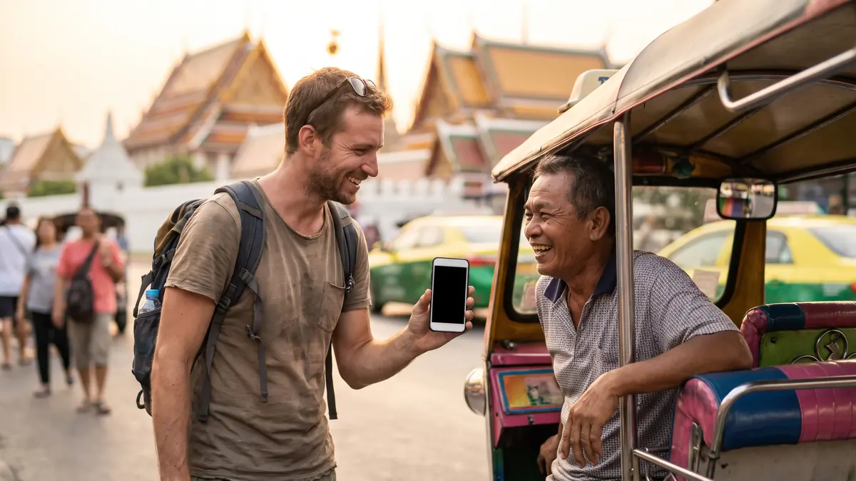 Un voyageur montre son téléphone à un chauffeur de tuk-tuk à Bangkok